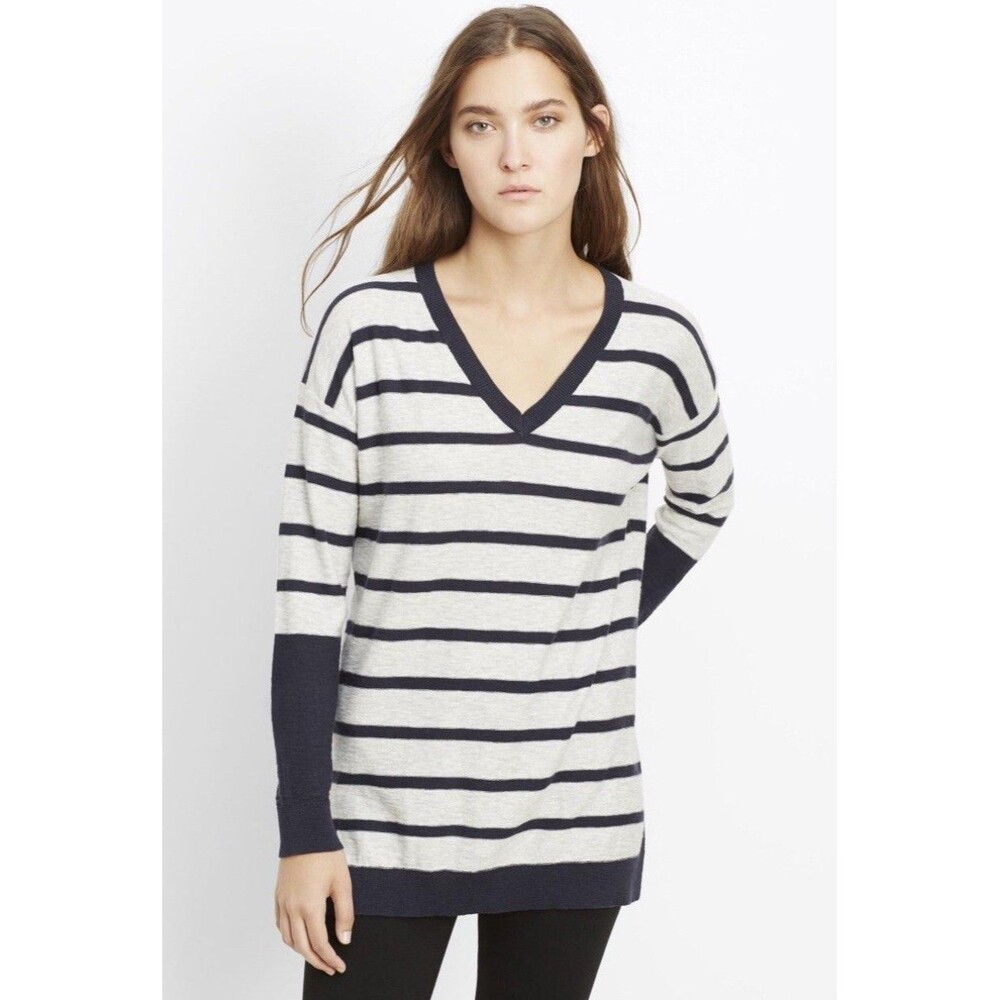 Vince Grey and Navy Striped V Neck Cotton Knit Sweater Size Small Womens